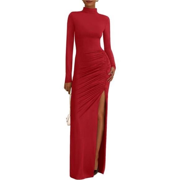 Women's Formal Dress Long Sleeve Mock Neck Red - Picture 2 of 7